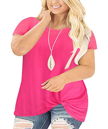 Ritera Plus Size Tops Short Sleeve Shirt for Women Twist Knot Sweatshirt Summer Crew Neck Tunics Loose Blouses Hot Pink 3XL