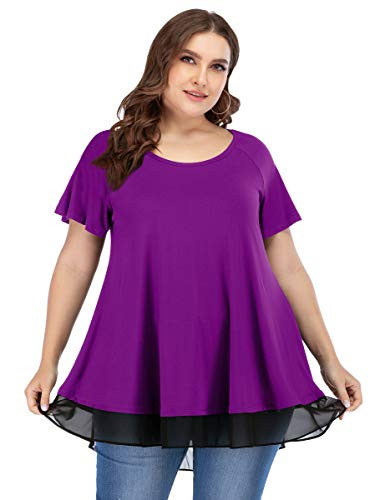 LARACE Women Tunic Tops For Leggings Chiffon T-shirt Plus Size Short Sleeves Flowy Shirt-Deep Purple 6X-