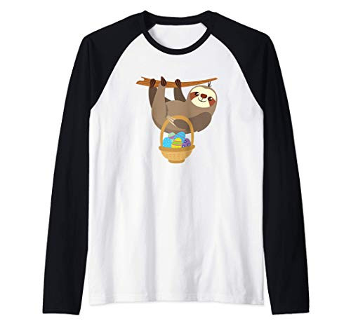 Easter Sloth with Basket of Easter Eggs Raglan Baseball Tee