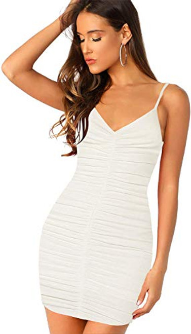 SheIn Women's Ruched V Neck Cami Dress Backless Sleeveless Stretchy Bodycon Mini Dress Large White