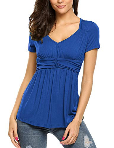SoTeer Womens V Neck Empire Waist Shirt Short Sleeve Casual T Shirts Blouses Tops-Blue M