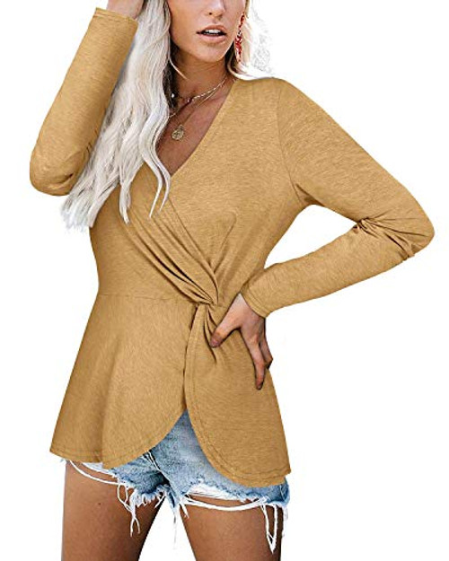 VOTEPRETTY Women's Casual Long Sleeve Wrap Shirt V-Neck Twist Knotted Tunic Blouse Tops -Yellow-M- VOTEPRETTY Women's Casual Long Sleeve Wrap Shirt V-Neck Twist Knotted Tunic Blouse Tops -Yellow-M-