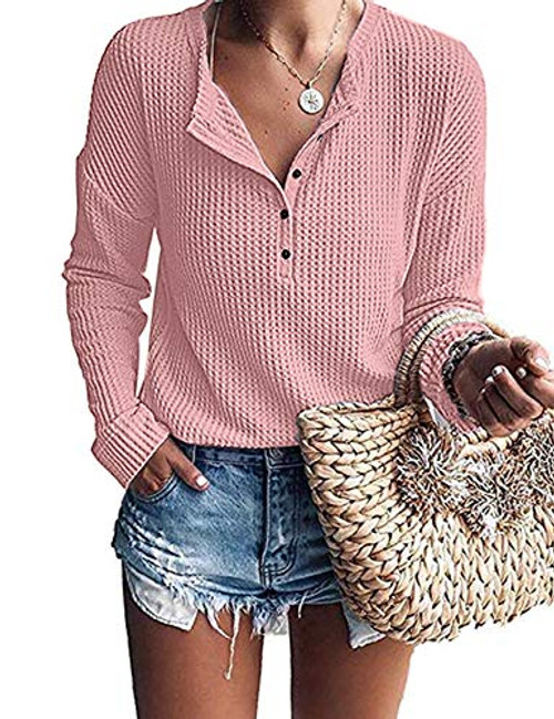 MOLERANI Womens Waffle Knit Tunic Tops Loose Long Sleeve Button Up V Neck Henley Shirts -M- Pink-