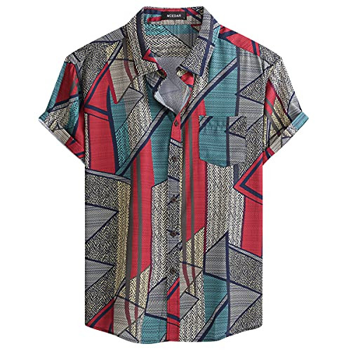 MCEDAR Mens Casual Short Sleeve Button Up Vintage Summer Hawaiian Beach Vacation Shirts -Size S-5XL Big and Tall--Red Blue White 21020-S-
