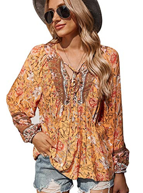 KAYWIDE Womens Tunic Tops Floral Printed V Neck Blouses Boho Beach Casual Long Sleeve Shirts Orange KAYWIDE Womens Tunic Tops Floral Printed V Neck Blouses Boho Beach Casual Long Sleeve Shirts Orange