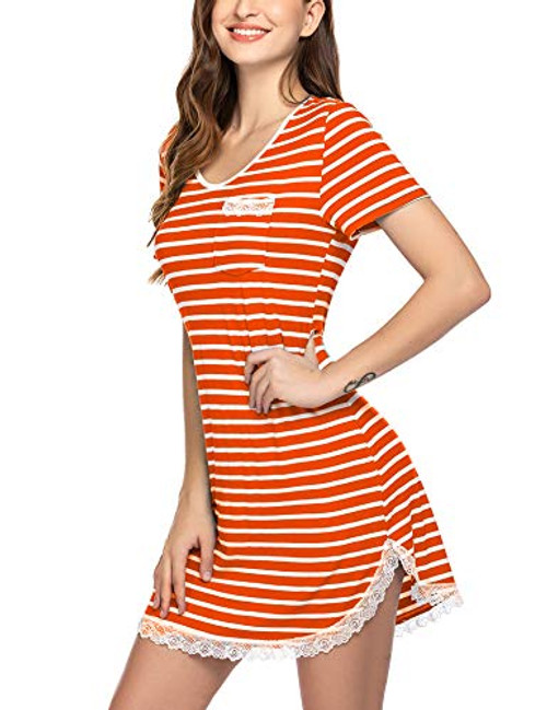 Ekouaer Women's Sleep Shirt Short Sleeve Striped Sleeping Dress Cotton Nightgowns Lace Trim Sleep Tees Orange S