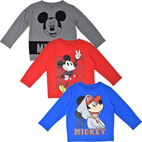 Disney Mickey Mouse Toddler Boys Long-Sleeve 3 Pack T-Shirts Red/Blue/Grey 3T