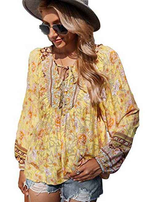 KAYWIDE Womens Tunic Tops Floral Printed V Neck Blouses Boho Beach Casual Long Sleeve Shirts Yellow KAYWIDE Womens Tunic Tops Floral Printed V Neck Blouses Boho Beach Casual Long Sleeve Shirts Yellow