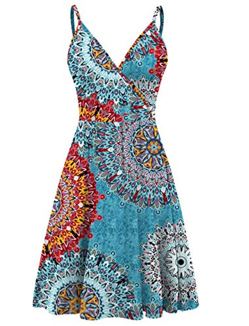 WEACZZY Women's Summer Dress Floral Spaghetti Strap Sleeveless V-Neck Casual Swing Sundress with Pockets -Large-Mix Blue-