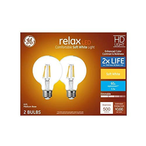 GE Relax 60-Watt EQ G25 Soft White Dimmable Globe Bulb Light Bulb -2-Pack- GE Relax 60-Watt EQ G25 Soft White Dimmable Globe Bulb Light Bulb -2-Pack-