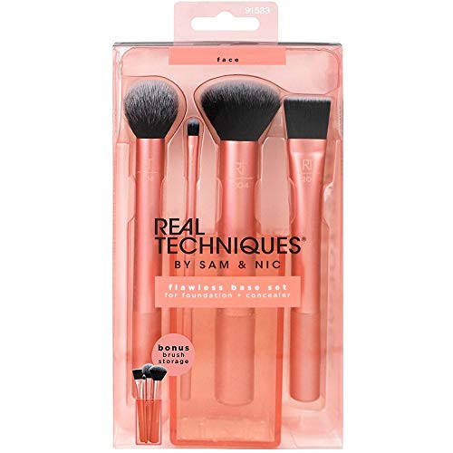 Real Techniques Makeup Brush Set Base Flawless Base Set NIB w/Brush Cup