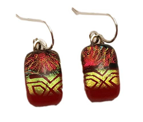 Exceptional Red Orange Gold Fused Dichroic Glass Sterling Silver Dangle Earrings N341