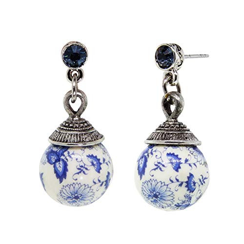 1928 Jewelry Silver Tone Round Blue Willow Beaded Drop Stud Earring