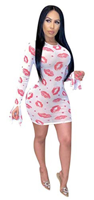 Hotheart Womens Sexy Long Sleeve Mesh See Through Lips Print Package Hip Dress Nightclub Mini Dress White Hotheart Womens Sexy Long Sleeve Mesh See Through Lips Print Package Hip Dress Nightclub Mini Dress White