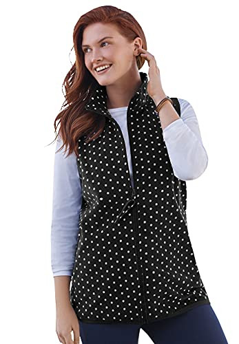 Woman Within Women's Plus Size Zip-Front Microfleece Vest - 2X- Black White Dot