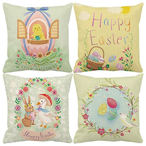 Set of 4 Spring Easter Pillow Covers 18x18 Inch Easter Decorations for Home Happy Easter Bunny Easter Eggs Elf Gnomes Carrots Truck Hunt Easter Throw Pillows Cushion Case Farmhouse Easter Decor