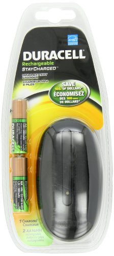 Duracell Rechargeable Mini Color Charger with 2 AA Staycharged Batteries -Charger Color May Very-