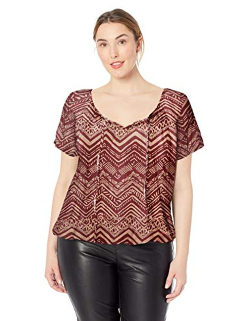 Star Vixen Women's Plus Size Slit SLV Keyhole-Tie Knit Peasant w Bubble Hem- Burgundy/Taupe Tribal- 2X