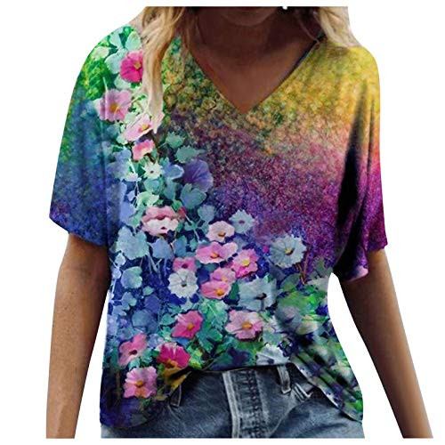 HUIHAIXIANGBAO Womens Tie Dye Short Sleeve T Shirts Funny Floral Graphic V Neck Tees Casual Summer Tops Blouse Purple