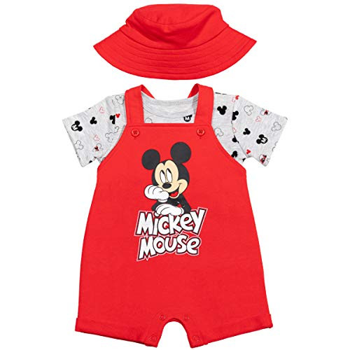 Disney Mickey Mouse Baby Boys French Terry Shortalls T-Shirt Hat Set Red 3-6 Months