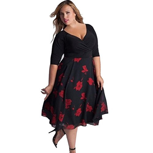 NREALY Womens Plus Size Sexy V-Neck Floral Maxi Evening Party Boho Beach Dress Falda-3XL- Red- NREALY Womens Plus Size Sexy V-Neck Floral Maxi Evening Party Boho Beach Dress Falda-3XL- Red-