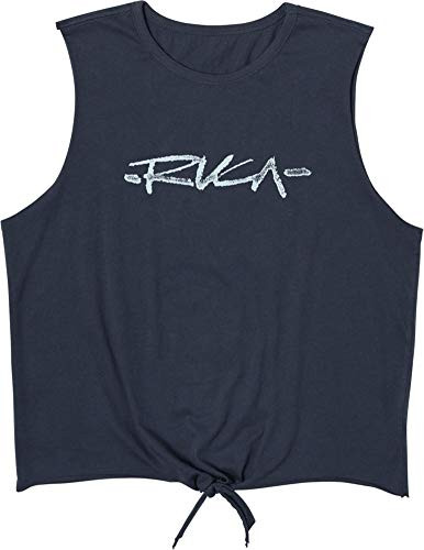 RVCA Junior's Chalk Script TIE Front Tank TOP- Dark Denim- L