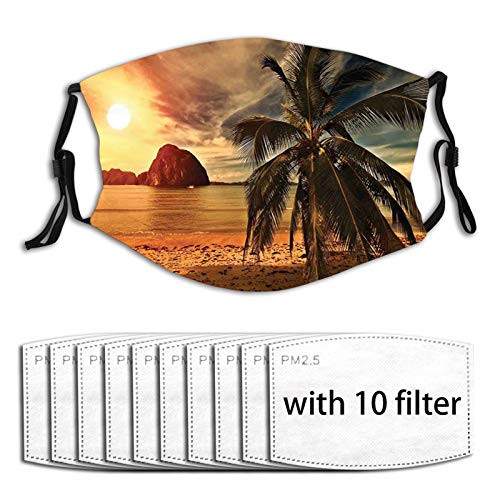 Comfortable Windproof mask Tropical- Exotic Beach with Coconut Palm Tree and Horizon Sunset Calm Panorama- Orange and Olive Green Printed Facial decorations for adult