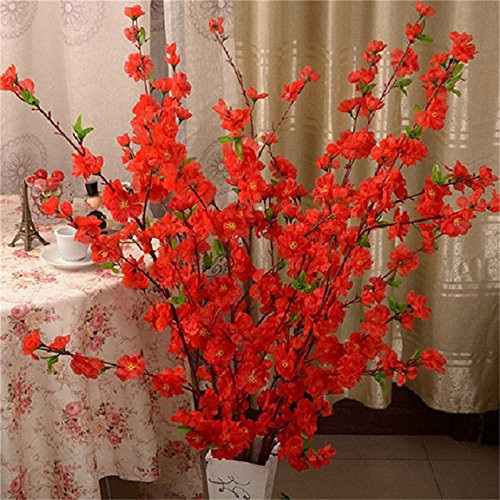 2pc Artificial Cherry Spring Plum Peach Blossom Branch Silk Flower Plastic Bouquet-Red