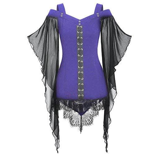 Corset Dress Steampunk for Women Lace Gothic Punk Criss Cross Insert Sleeve T-Shirt Plus Size Tops Purple