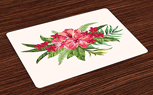 Marrty Exotic Place Mats Set of 4- Hibiscus Branch of Tropical Fern Monstera Palm Leaves and Summer Flowers- Washable Fabric Placemats for Dining Table- Standard Size- Vermilion and Green