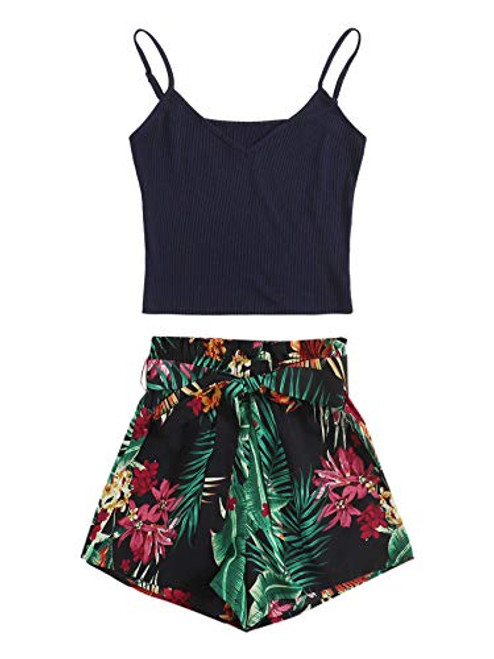 MakeMeChic Women's 2 Piece Romper Outfits Cami Top and Paperbag Waist Belted Shorts Set Tropical S