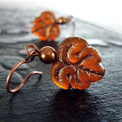 Rust Orange Artisan Czech Glass Leaf Earrings Swarovski Crystal Simulated Pearls Antiqued Copper Rust Orange Artisan Czech Glass Leaf Earrings Swarovski Crystal Simulated Pearls Antiqued Copper