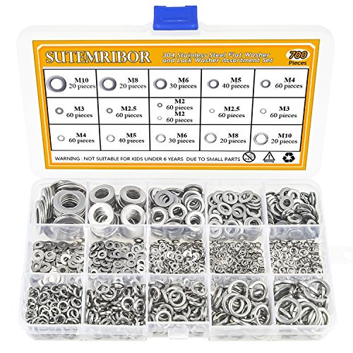 Sutemribor 304 Stainless Steel Flat Washer and Lock Washer Assortment Set 700 pcs, 8 Sizes - M2 M2.5 M3 M4 M5 M6 M8 M10