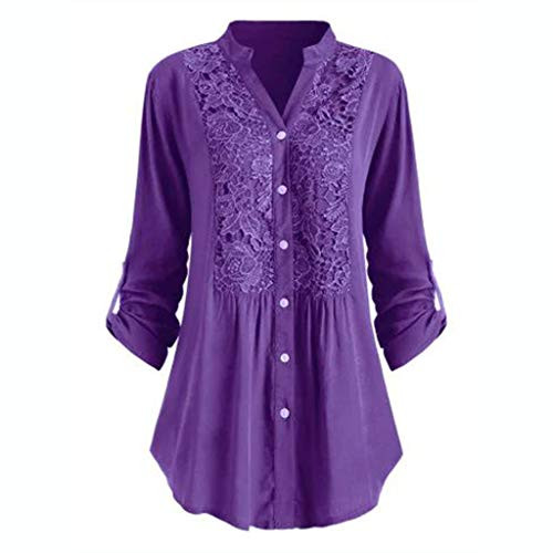 Women's Henley V Neck Floral Lace Crochet Blouse Tops Roll-up Sleeve Button Down Tunic Shirt -Purple- L-