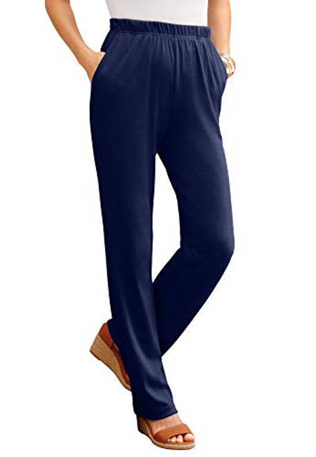 Roamans Women's Plus Size Petite Straight-Leg Soft Knit Pant Pull On Elastic Waist - 3X- Navy