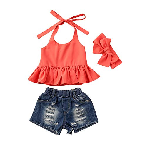 Baby Girl Denim Shorts Set Floral Ruffle Sleeve Shirt Top Dress Ripped Shorts Kids Toddler Summer Outfits -D-Orange- 2-3T-