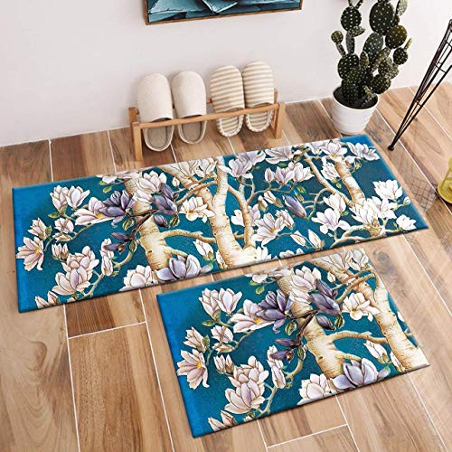 WSHINE 2pcs Kitchen Rug Floral Area Rug Set Flowers on Tree Branch Carpet Non-Slip Runner Rug Kitchen Floor Mat-15.7x23.6inch Plus 15.7x47inch