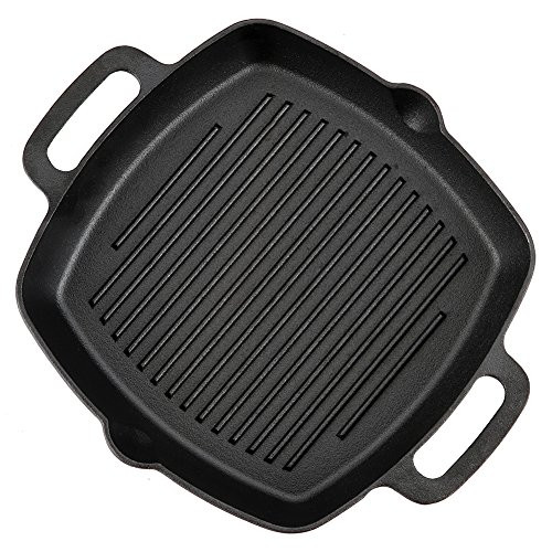 Pre-Seasoned Cast Iron Skillet Fry Pan Square Griddle with Ribs Nonstick Griddle Grill Cookware Black with Silicone Handle (square griddle-two handles)