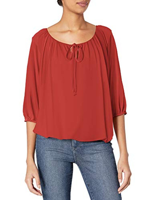 Star Vixen Women's 3/4 Sleeve- Front Tie Peasant Top- Rust- X-Large