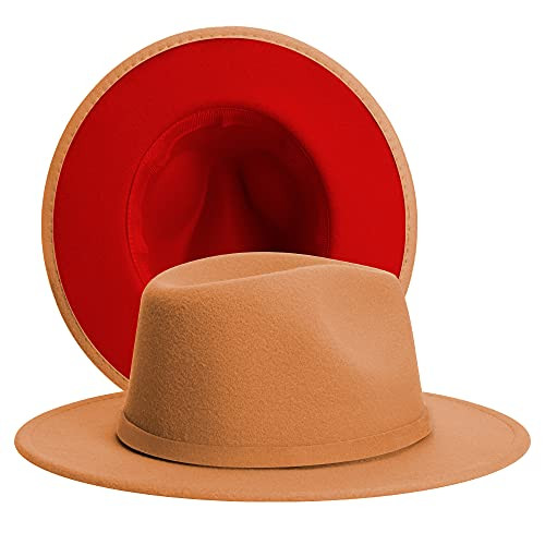 SAJUZEN Womens  and  Mens Fedora Hats- Two Tone Wide Brim Fedora Hats for Women Men Tan-red