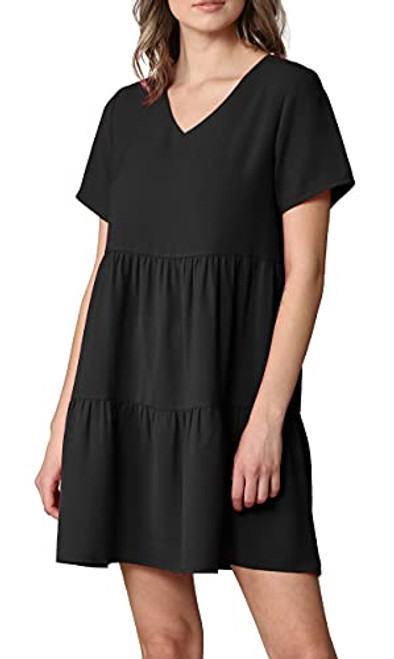 LL WDR2354 Women Short Sleeve Tunic Dress V Neck Casual Loose Flowy Swing Shift Dresses M Black LL WDR2354 Women Short Sleeve Tunic Dress V Neck Casual Loose Flowy Swing Shift Dresses M Black