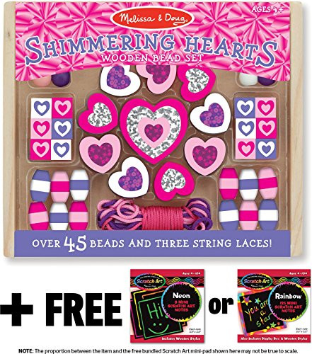 Melissa & Doug Shimmering Hearts Wooden Bead Set (45 Beads + 3 String Laces) + FREE Scratch Art Mini-Pad Bundle [94955]