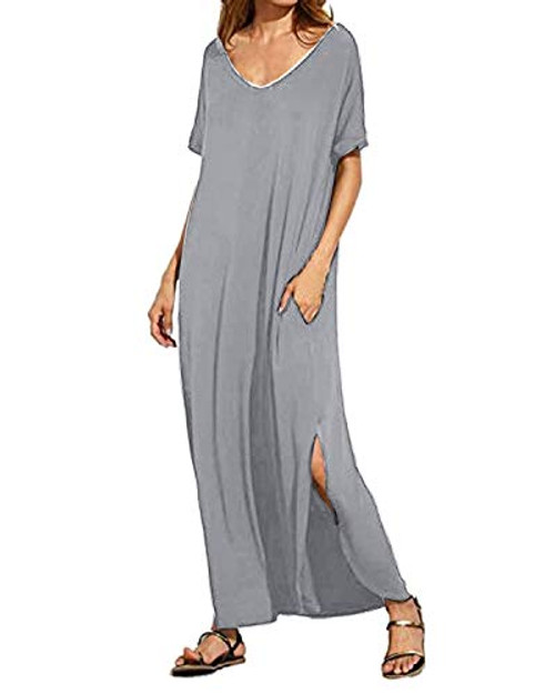 Kidsform Women's Short Sleeve Maxi Dress Summer Long Maxi Dresses Cotton Plain Solid Floral Dress with Sleeves V Neck Backless Side Split Casual Loose Beach Dress Beachwear Pockets-Grey Size 2XL