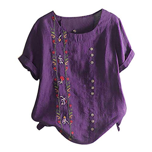 Meikosks Women's Floral Embroidered Top Short Sleeves Plus Size T Shirt Cotton Linen Blouse Purple