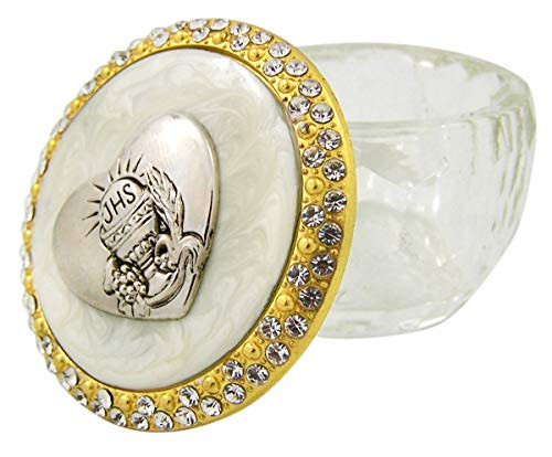 Clear Glass First Communion Rosary Box with Gold Tone IHS Chalice Lid- 2 1/8 Inch Clear Glass First Communion Rosary Box with Gold Tone IHS Chalice Lid- 2 1/8 Inch