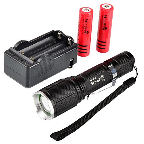WindFire S12 2000 Lumen Flashlight 5 Modes Cree T6 XM-L Led Zoomable Camping Rechargeable Torch Flash Light Lamp With Clip Plus 2pcs 18650 Li-ion Batteries Plus 18650 Dual Charger Set for Walking Hiking