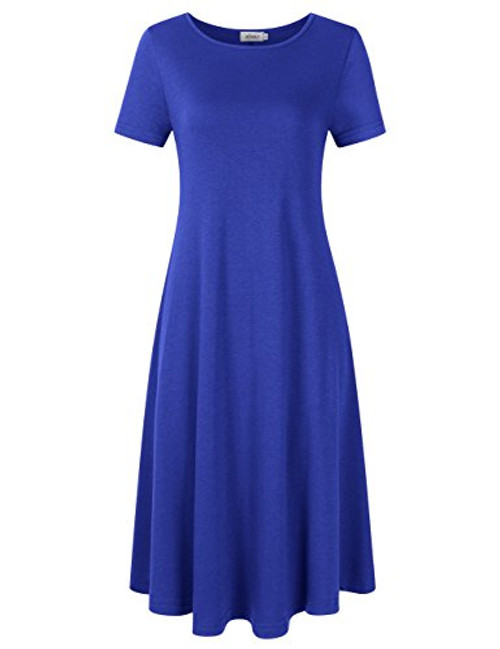 MISSKY Women's Short Sleeve Round Neck Pocket Loose Casual Summer Midi Dress -3XL- Blue 35 -Short Sleeve-