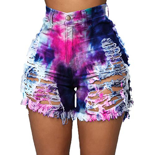 Yyibsones Womens Shorts High Rise Ripped Hole Bermuda Frayed Raw Hem Stretchy Denim Short Jeans Tie Dyed Jean Shorts -Blue- M-