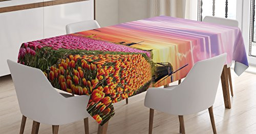 Ambesonne Nature Tablecloth- Tulip Fields and Windmills in European Landscape with a Sunset Sky View- Rectangular Table Cover for Dining Room Kitchen Decor- 60inch X 84inch- Purple Orange