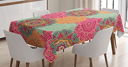 Ambesonne Mandala Tablecloth- Antique Mandala Patterns Circles in Vintage Colors Native Tribal Ornamental- Dining Room Kitchen Rectangular Table Cover- 60inch X 84inch- Fuchsia Orange